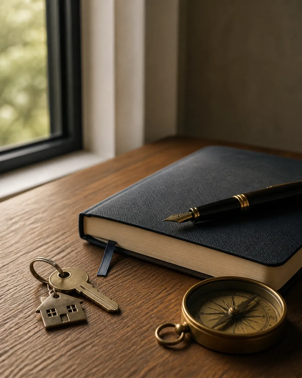 Notebook, compass and planning materials on a warm wooden table